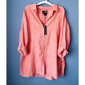 Tahari Linen Button Up Collared Roll Tab Sleeve Tunic Shirt 1X